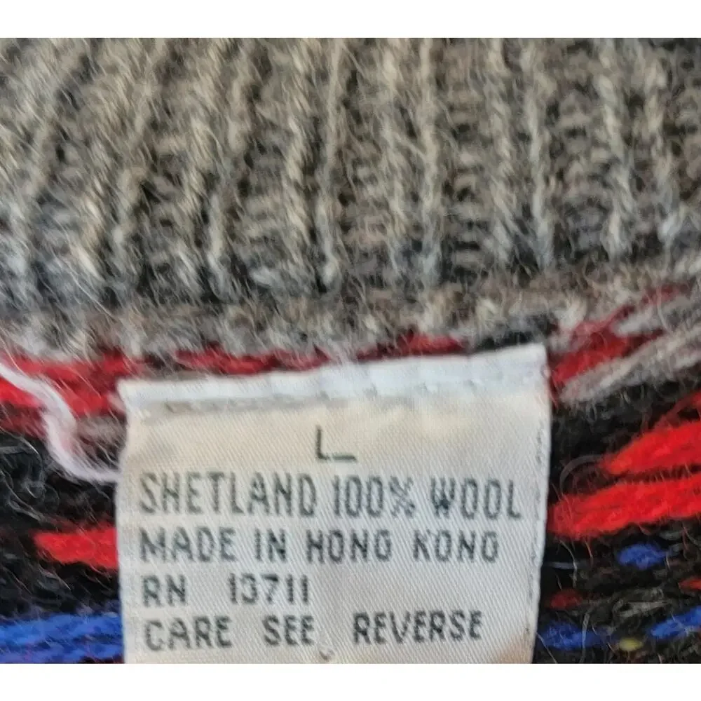 Vintage Marsh Landing 100% Shetland Wool Fair Isle Cardigan Sweater Large
